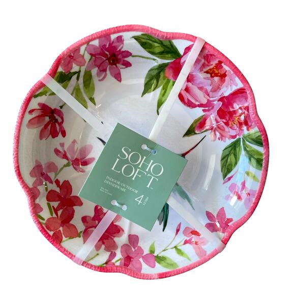 SOHO LOFT Hummingbird Pink Floral Melamine Salad Bowls 8in Set of 4 Spring NEW - Picture 4 of 15